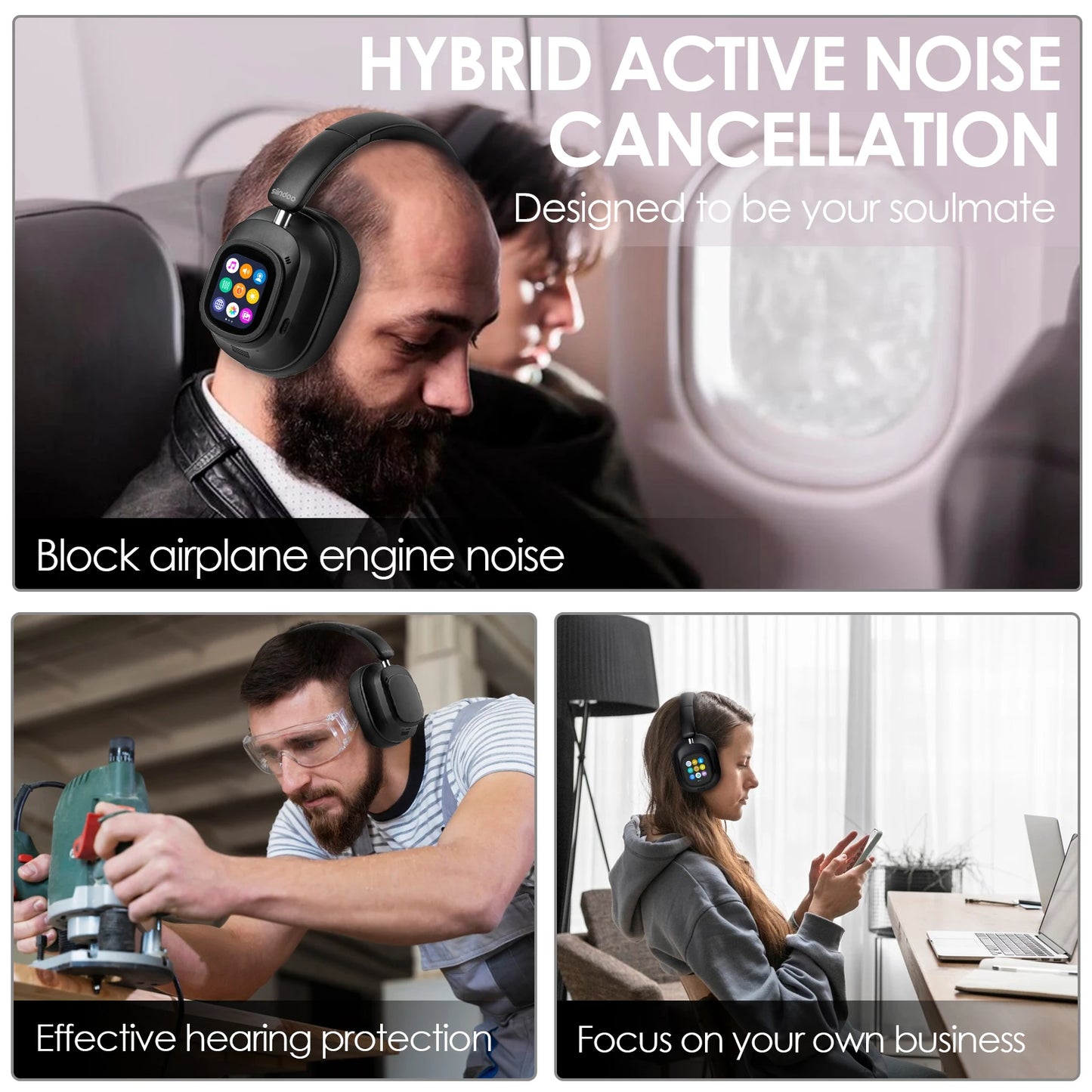 Siindoo NEWEST ANC930Plus Hybrid ANC Wireless Headphone, With Multi Magnetic Touch Control LED Screen AND APP Download 1GB MP3