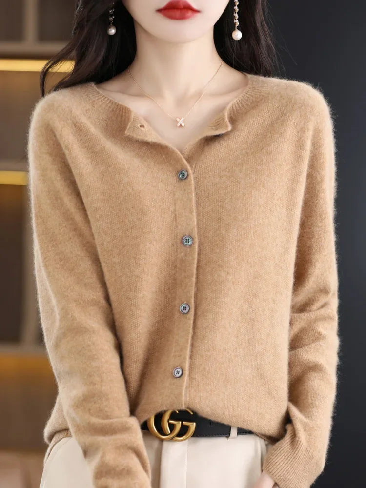 New Fashion 100% Merino Wool Women's O-neck Cardigan Cashmere Sweater 2025 Female Clothing Grace Knitwear Korean Tops