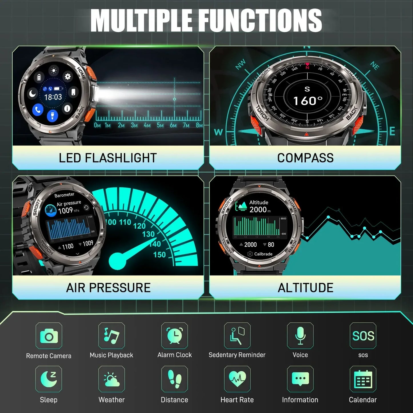 LaNikar New Smart Watch KE5 3ATM Waterproof Original Design Sports Watch With Compass And Altitude Barometer LED Flashlight Call