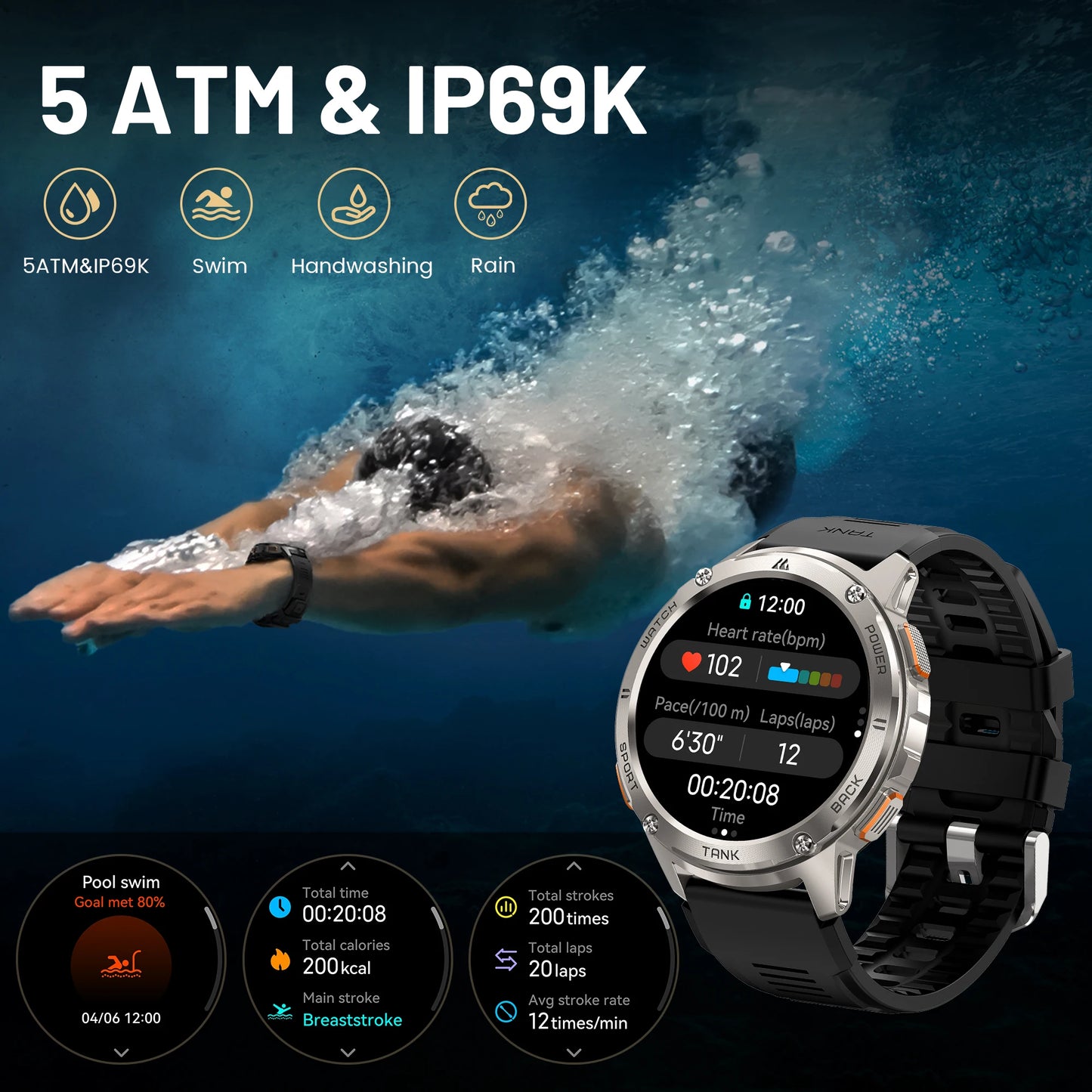 2024 KOSPET TANK T3 Smart Watch For Men 500mAh 60Days Battery IP69K 5ATM Waterproof AMOLED Bluetooth Call Military Men's Watches