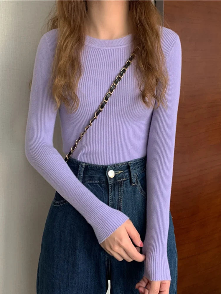 2025 New Women Sweater Long Sleeve Pullover Basic Top Fashion O-neck Elastic Female Winter Solid Knitted Jumper