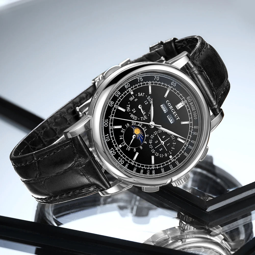 Corgeut 42mm Automatic Men's Watch Date Day Month Year Rose Gold Dial Multifunction 316L Leather Strap Polished Case Day Night