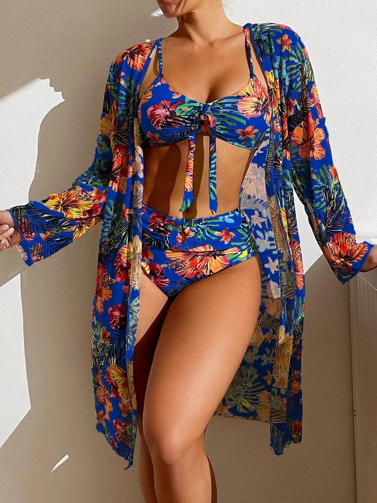 Sexy High Waisted Bikini 3 Pieces Floral Printed Swimsuit Size 3XL-S Women Bikini Set With Mesh Long-Sleeved Blouse Super Sales