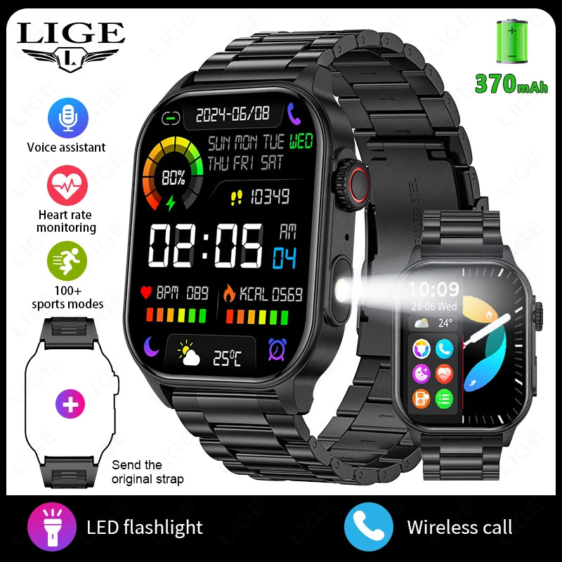 LIGE New Smart Watch LED Flashlight Military Sport Watches 2.01'' Screen Health Monitor Bluetooth Call Waterproof Smartwatch Men