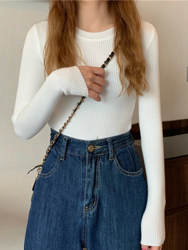 2025 New Women Sweater Long Sleeve Pullover Basic Top Fashion O-neck Elastic Female Winter Solid Knitted Jumper