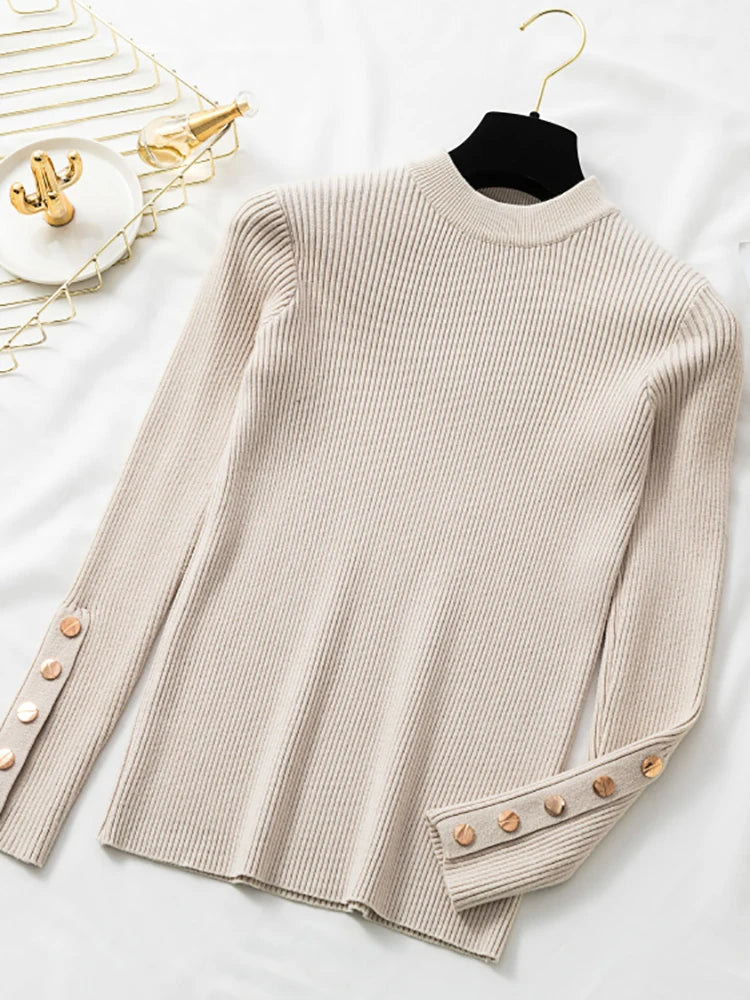 2025 Casual Women Sweater Pullovers Button Long Sleeve O-neck Chic Sweater Female Slim Knitted Soft Jumper Tops