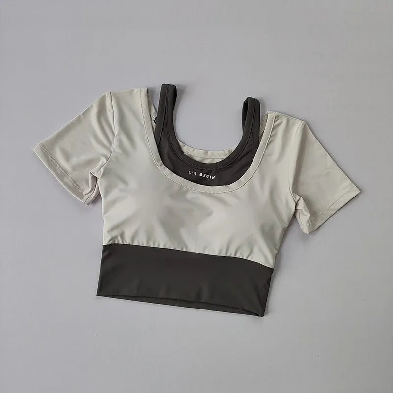 Women's Padded Yoga Shirts Short Sleeve Sports Crop Top Fitness Gym Workout T-Shirt Sexy Cropped Running Tights Clothing