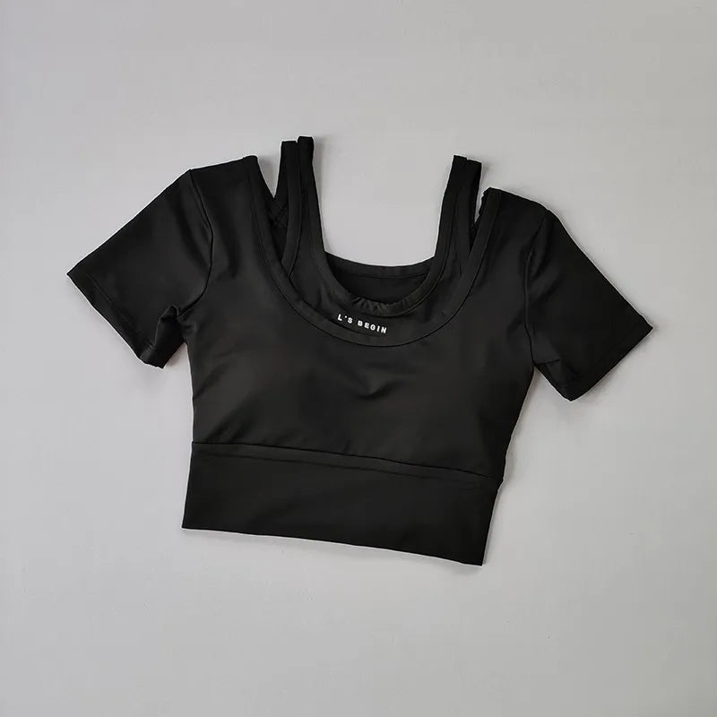 Women's Padded Yoga Shirts Short Sleeve Sports Crop Top Fitness Gym Workout T-Shirt Sexy Cropped Running Tights Clothing
