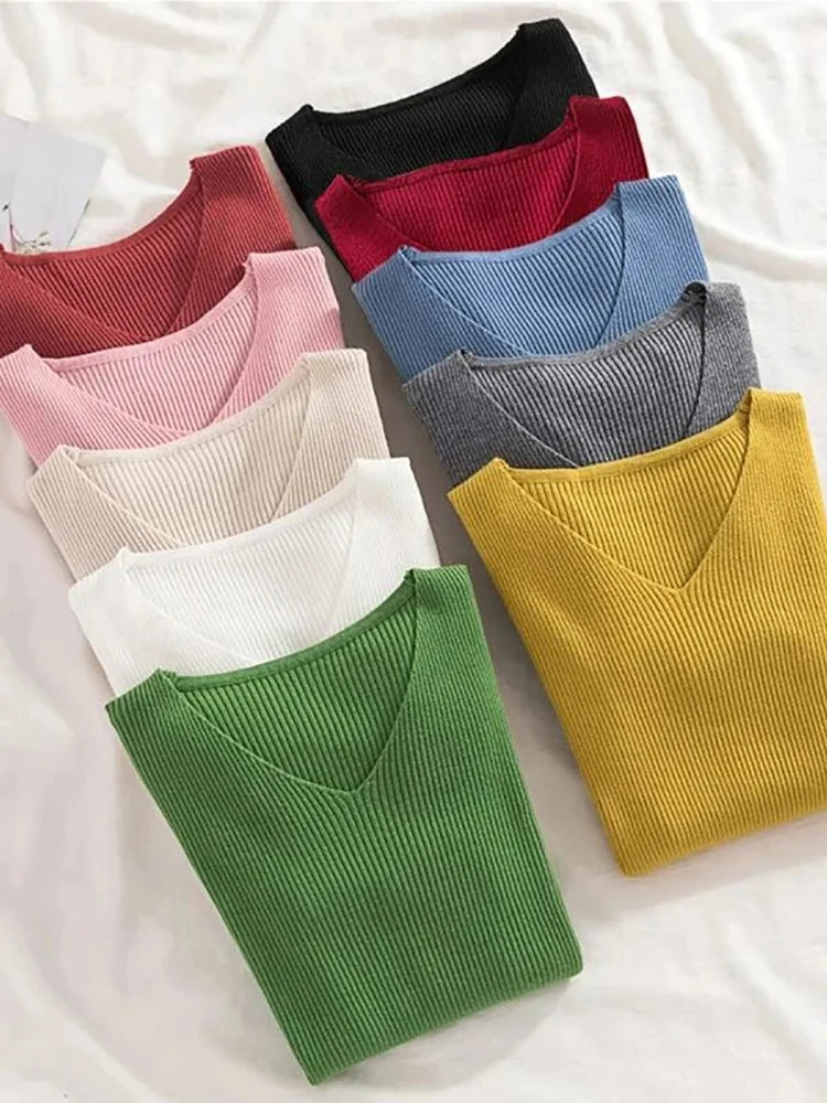 2025 Fashion V-neck Elastic Basic Top New Women Sweater Long Sleeve Pullover Female Winter Solid Knitted Jumper