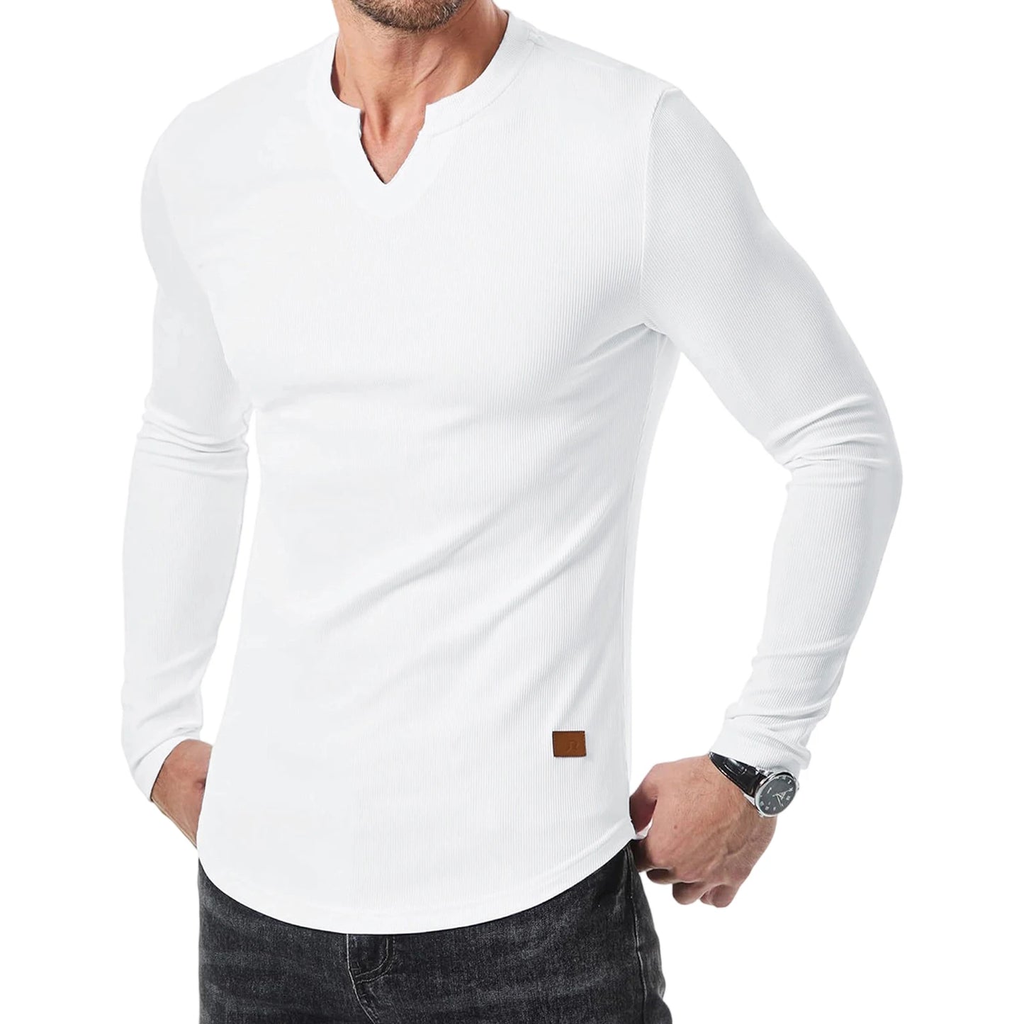 Men s Casual  Fit Long Sleeve Solid Color Muscle Shirts Spring Fall Tops Fashionable Comfortable T-Shirts
