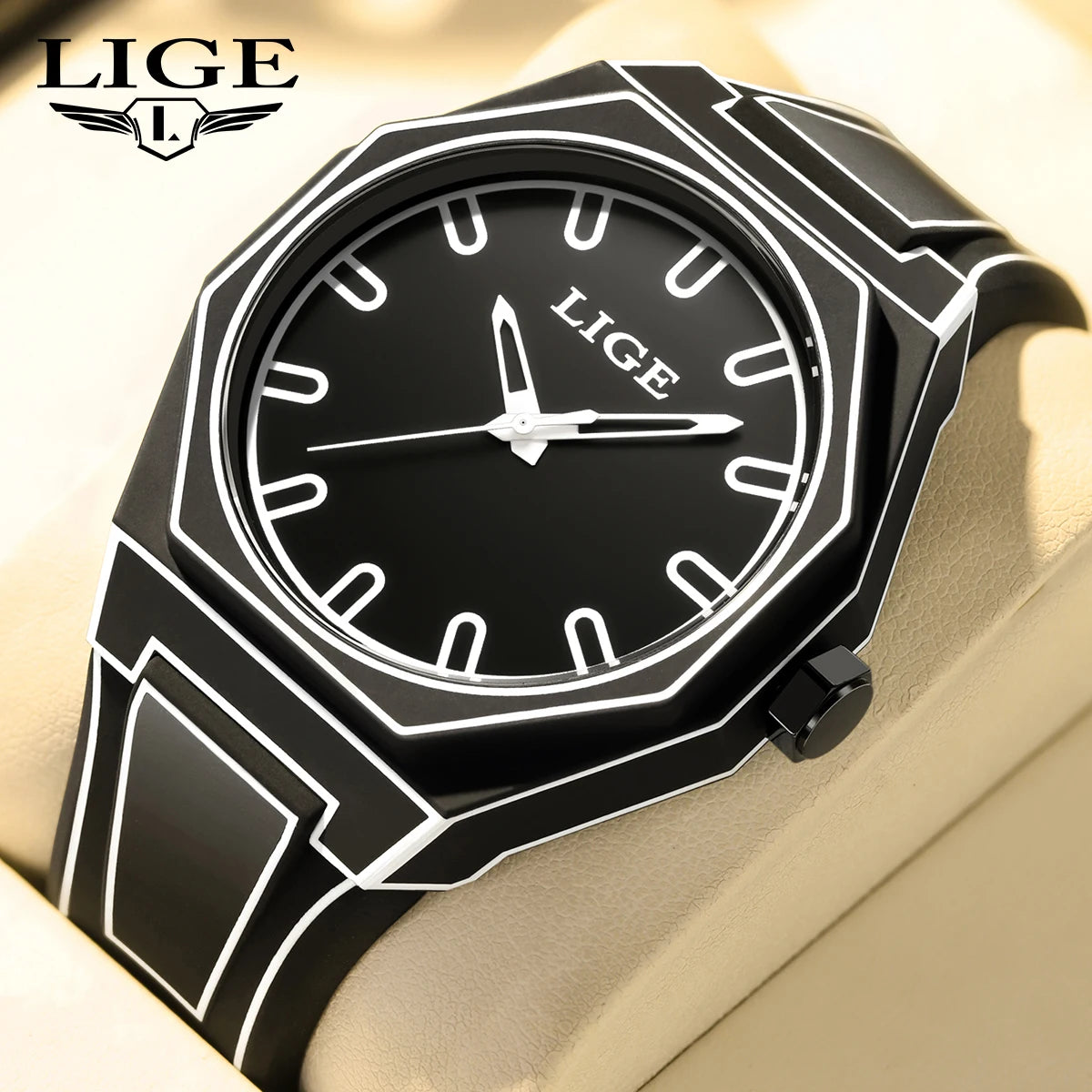 LIGE Sketching Design Man Watch Classic Simple Silicone Strap Leisure Men's Quartz Wristwatch Creative Minimalist Watch for Men
