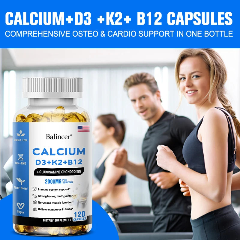 Calcium + Vitamins D3, K2 & B12 + Glucosamine Chondroitin - Supports Bone, Teeth & Muscle Health
