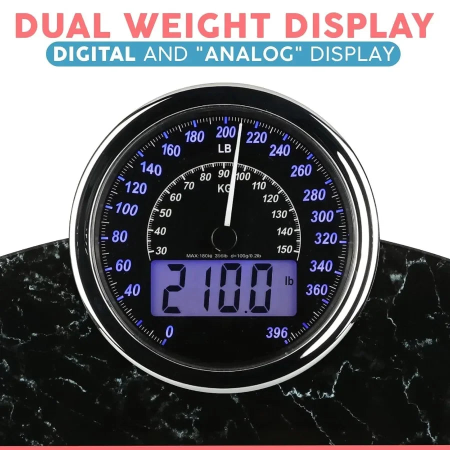 Hybrid 2in1 Analog Digital Weighing Scale for Body Weight up to 400lbs with Thick Tempered Glass Surface Extra Large Backlit Di