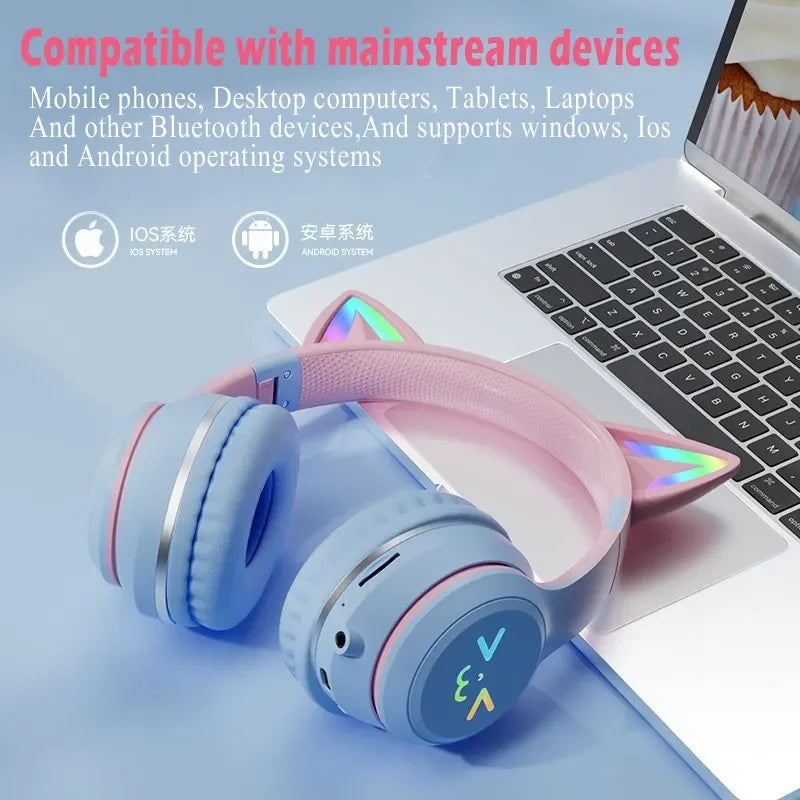 Wireless Headphones RGB Cute Cat Girls Kids Gift Headset with Microphone Stereo Music Gaming Earbud Control Lights Earphone