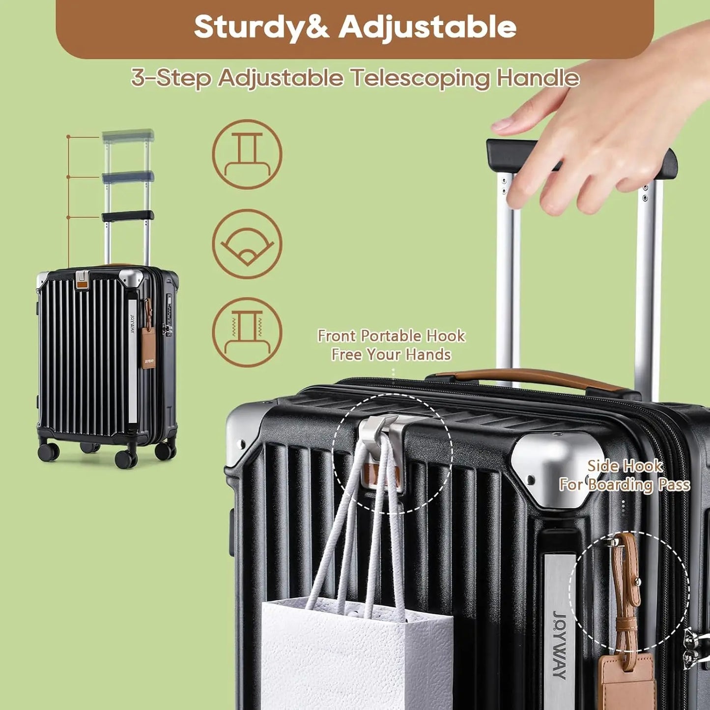 Joyway 3/5pcs Black Luggage Set, 20/24 inch Expandable Suitcase, Cup Holder, TSA Lock, Anti Slip Wheels, Lightweight Durable