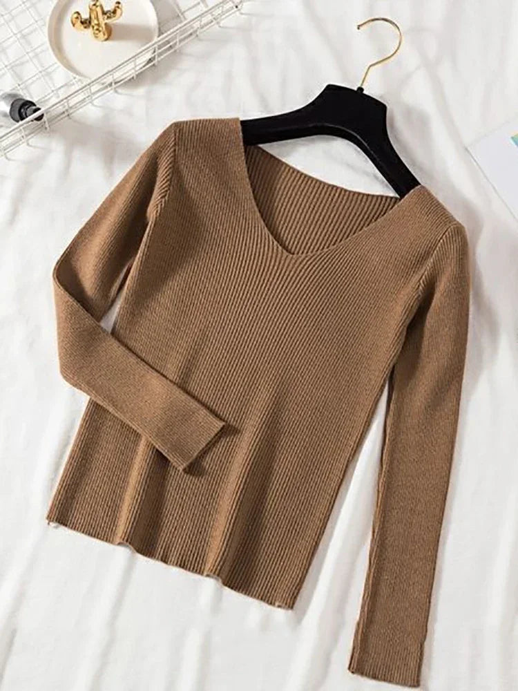 2025 Fashion V-neck Elastic Basic Top New Women Sweater Long Sleeve Pullover Female Winter Solid Knitted Jumper