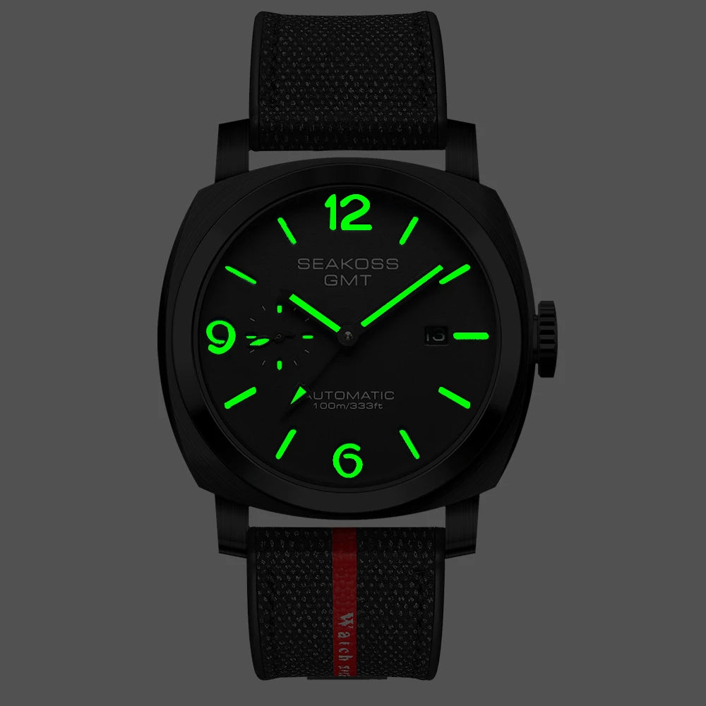SEAKOSS Men GMT Automatic Mechanical Watches Super Luminous Calendar Original Seagull ST2557 Movement Nylon Rubber Wristwatches