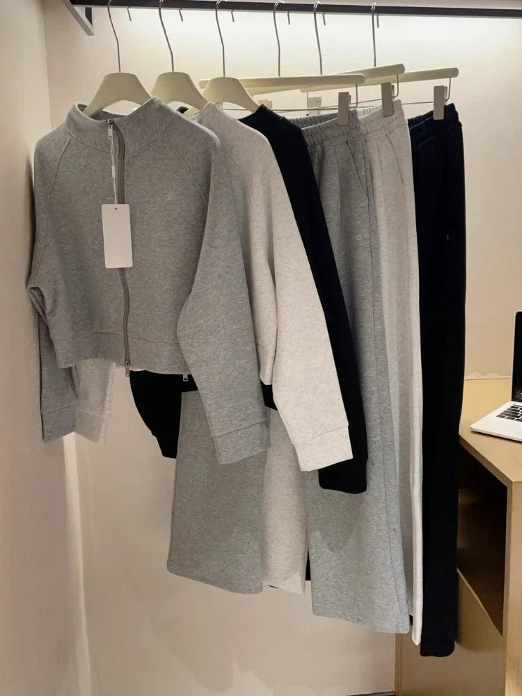 Woman Autumn Stand Up Collar Casual Zipper Jacket Suit Fashion Loose Straight TrousersSweatshirts Sweatpants 2 Pieces Set for