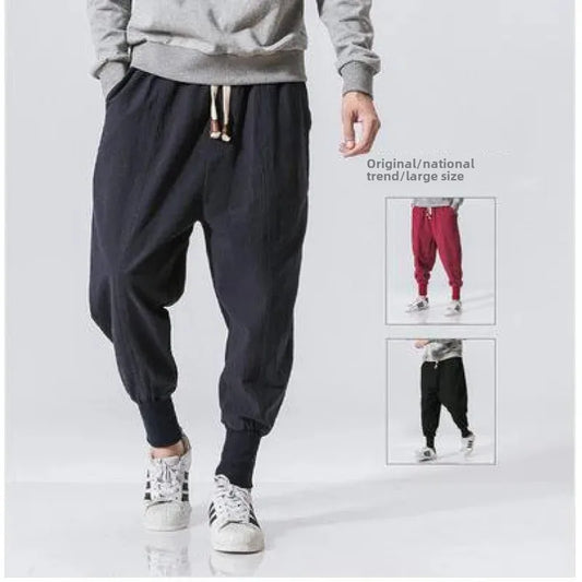 New Style Men's Large Size Cotton Linen Chinese Style Harajuku Pants Japanese Style Solid Color Loose Fit Casual Pants