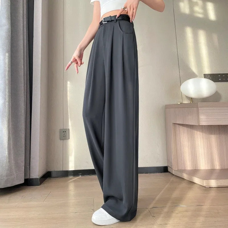 2025 New Spring Summer Casual Loose Women's Wide Leg Full Length Pants High Waist Solid Female Elegant Straight Trousers