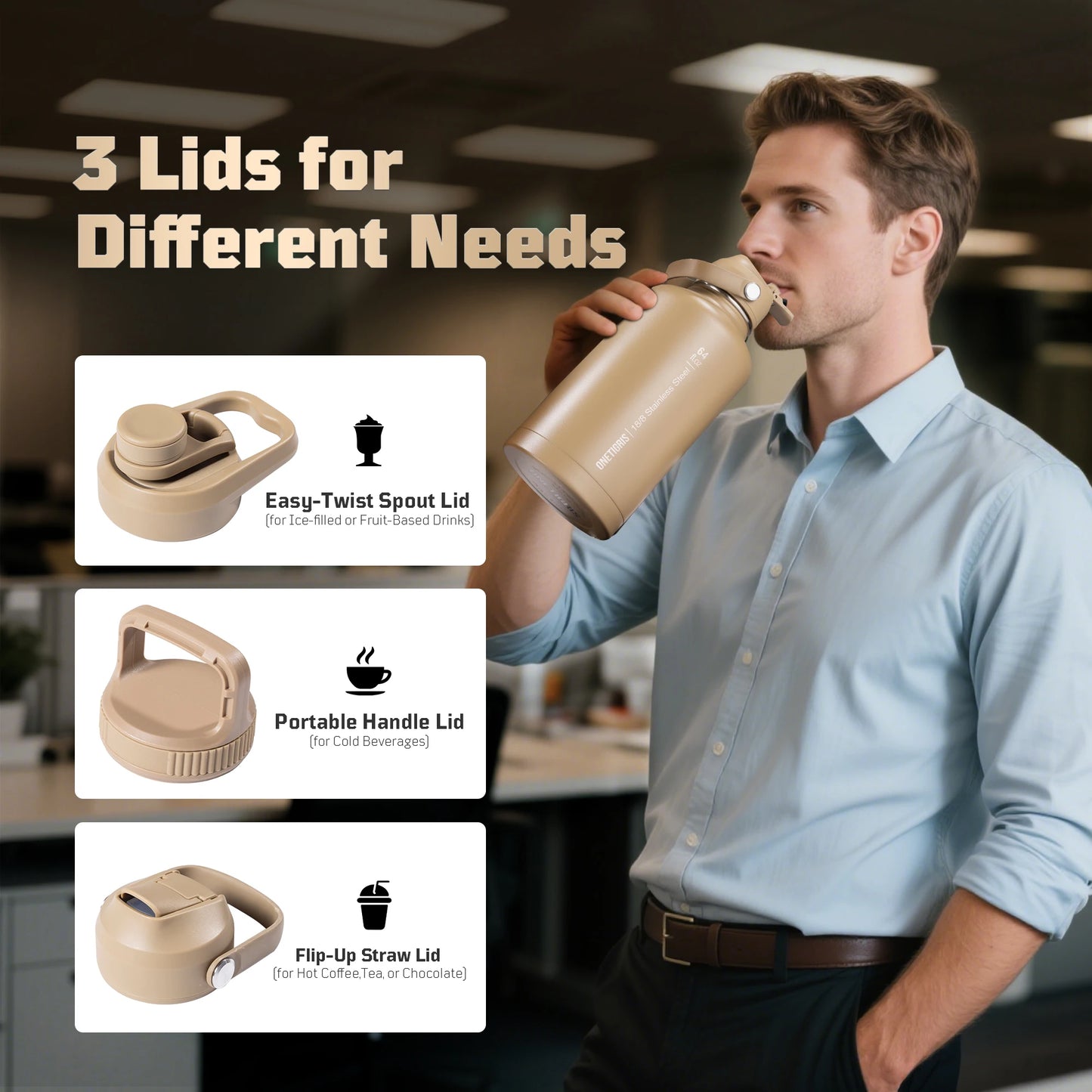 OneTigris 64oz Insulated Water Bottle, Stainless Steel Tactical Water Jug with 3 Lids, Straw, Leak-Proof Design & Carry Bag