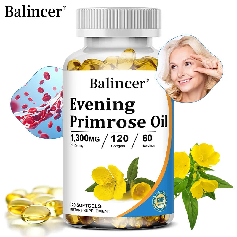 Evening Primrose Oil 1,300 Mg, 120 Softgels, Promotes Skin Health and Overall Health, Non-GMO, Gluten-free