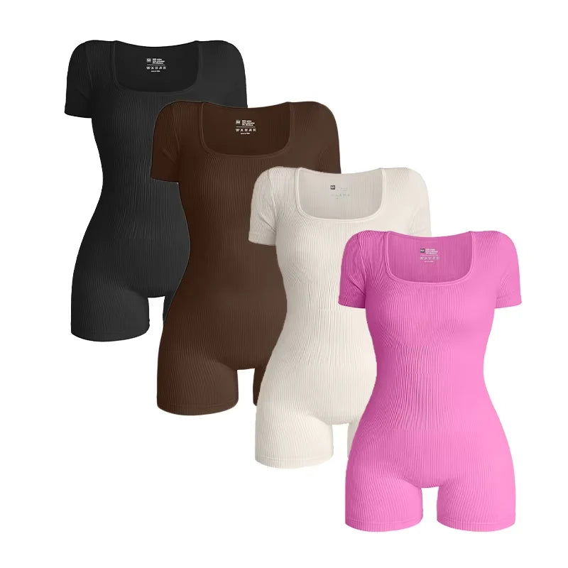 2026 Women's Casual Gym Bodysuits Short Sleeves Square Neck One Piece Ribbed Jumpsuits Yoga Sportswear