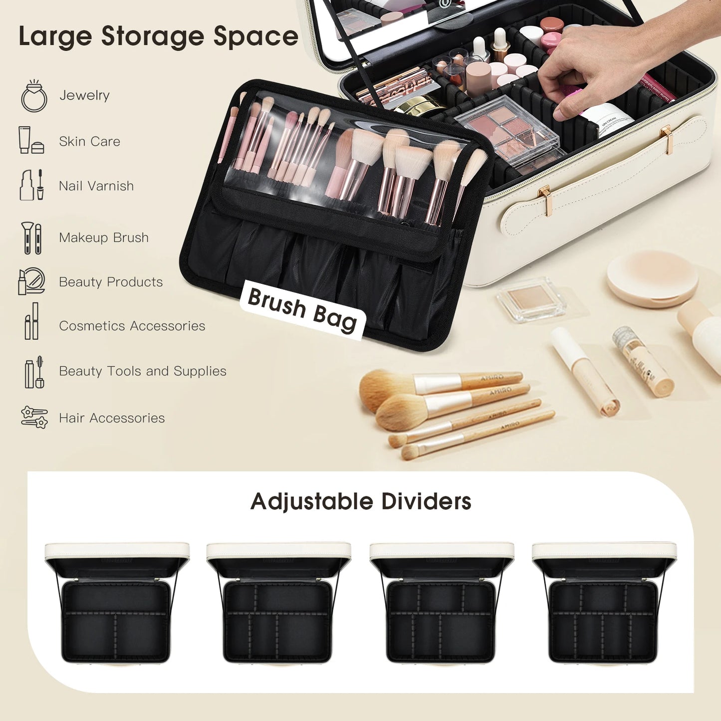 Leather Makeup Case with LED Lighted Mirror Travel Makeup Bag Cosmetic Organizer Artist Storage Bag with Dividers Brush Holder