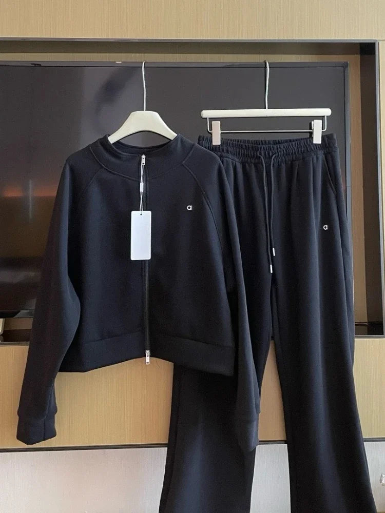 Woman Autumn Stand Up Collar Casual Zipper Jacket Suit Fashion Loose Straight TrousersSweatshirts Sweatpants 2 Pieces Set for