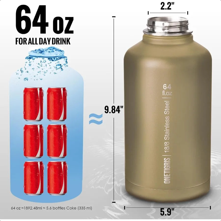 Tactical Half Gallon Water Bottle 64 oz Vacuum Insulated 3 BPA Free Lids Paracord Handle MOLLE Water Pouch Leakproof Sport Bott