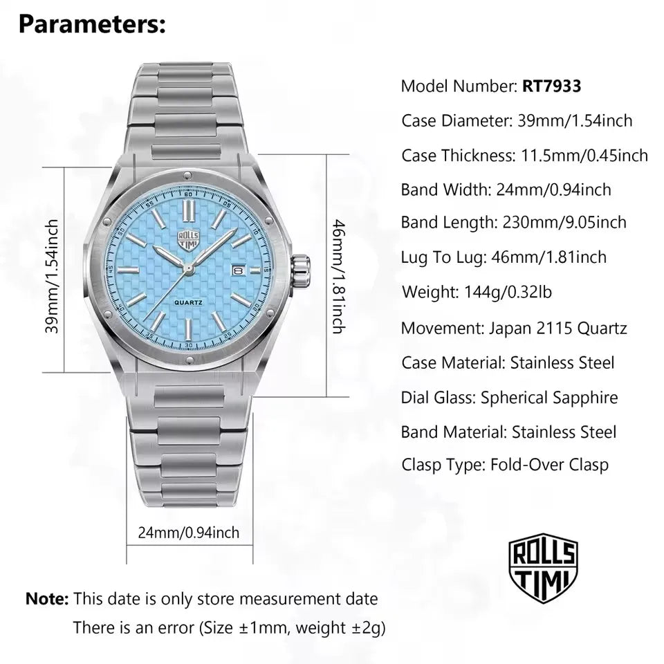 RollsTimi New Quartz Automatic Date 39mm Dial Men watch Japan Movt Stainless steel Luminous Watch Sapphire Waterproof Man watch
