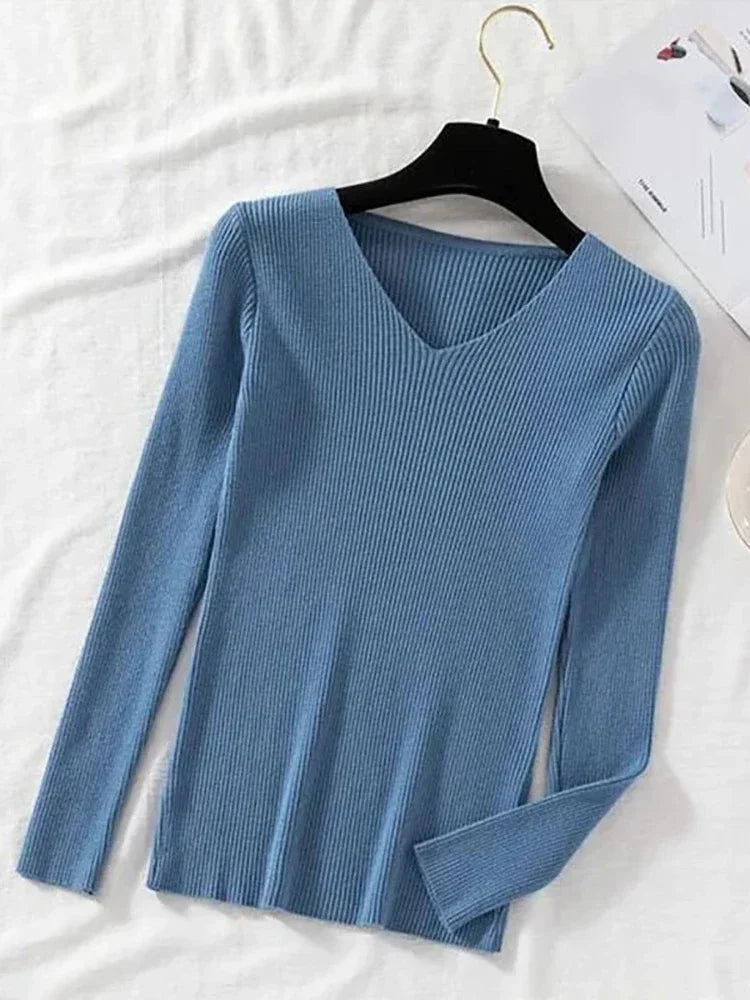 2025 Fashion V-neck Elastic Basic Top New Women Sweater Long Sleeve Pullover Female Winter Solid Knitted Jumper