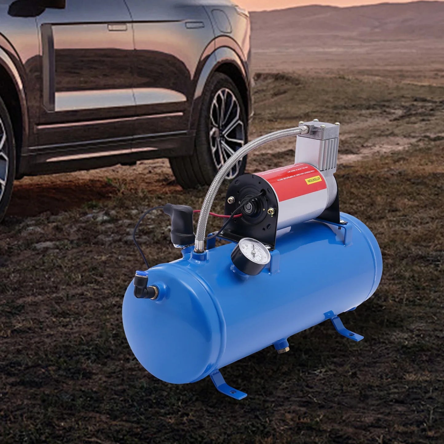 12V Portable Air Compressor Pump w/ 6L Large Tank Compact 3.8m Hose, for Emergency Tire Inflation, Engines, Boats