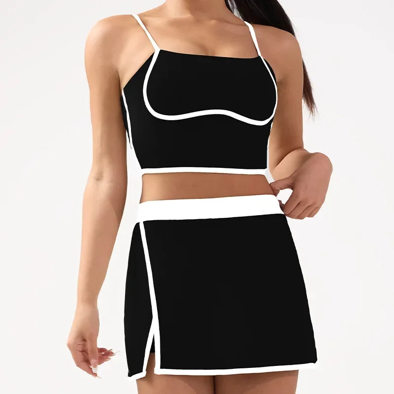 Yoga Jumpsuit Women with Contrasting Colors Chest Cushion for Anti Glare Leggings for Sports and Fitness Training Tennis Skirt