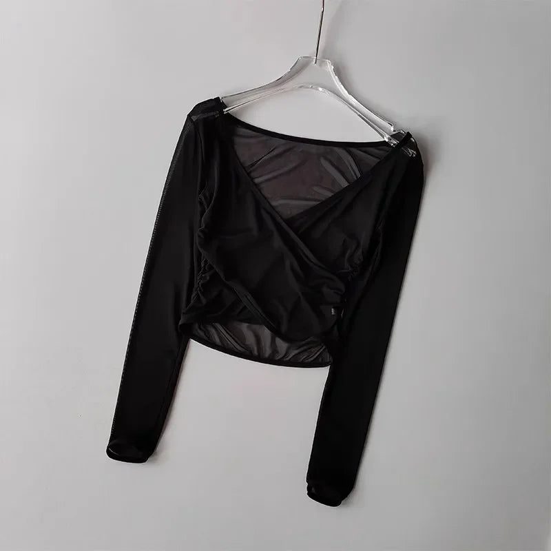 Sports T-shirt V-neck Mesh Breathable Pilates Yoga Clothes Cross-body Shirt Long Sleeves Running Training Fitness Blouse Clothes