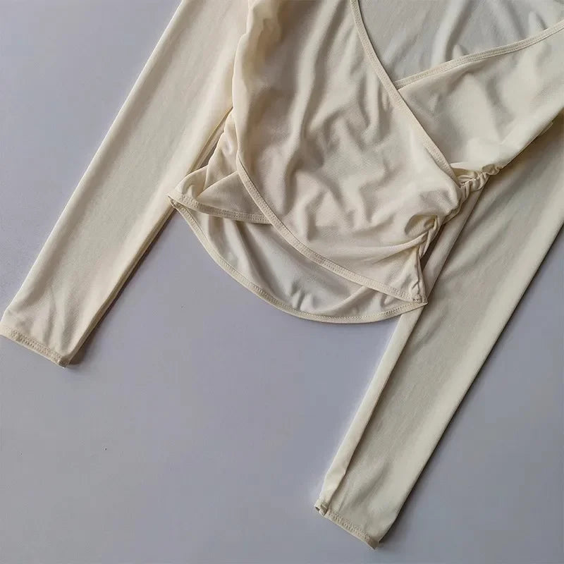 Sports T-shirt V-neck Mesh Breathable Pilates Yoga Clothes Cross-body Shirt Long Sleeves Running Training Fitness Blouse Clothes