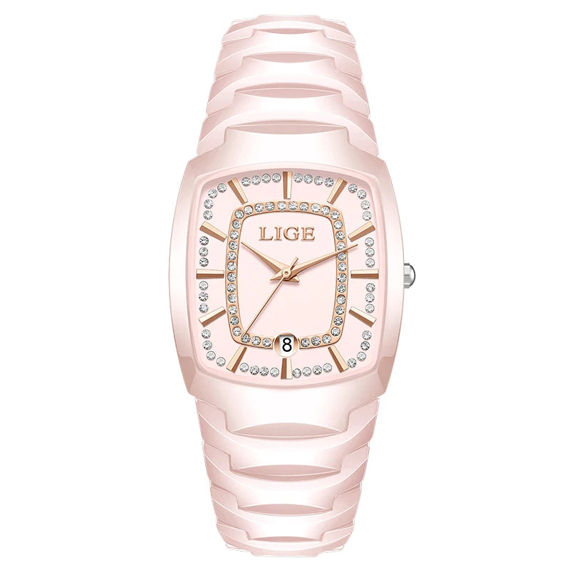 LIGE New Women Watches Creative Women Ceramic Bracelet Wrist Watches Ladies Square Waterproof Female