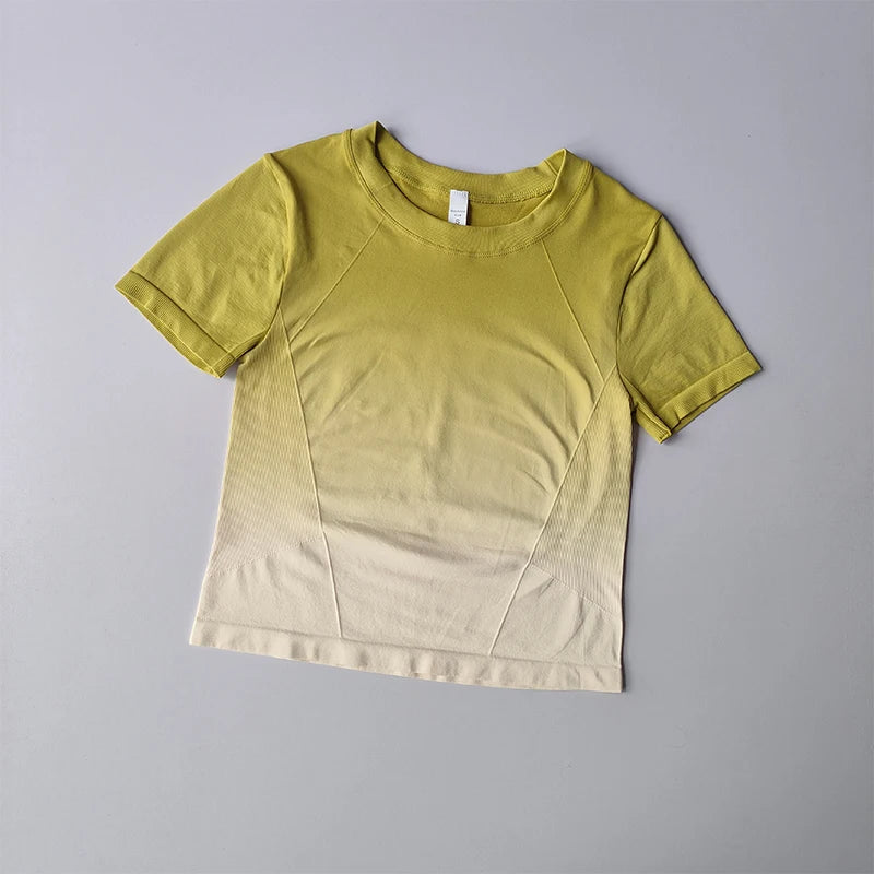 Women's Seamless Yoga Shirt Short Sleeve Crop Top Fitness Gradient Sport T-shirts Workout Gym Clothes for Running