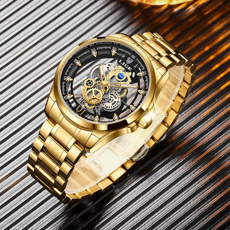 LIGE Men Watch Skeleton Quartz Wristwatch Gold Skeleton Retro Man Watch Top Brand Luxury Clock Mens Watches Relojs Hombre+Box