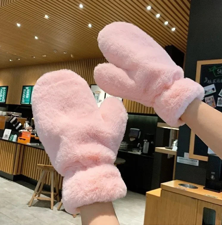 Elegant Thicken Plush Soft Winter Fingerless Gloves Women Warm Fur Mittens Cold Protection Velvet lining Outdoor Fluffy Gloves