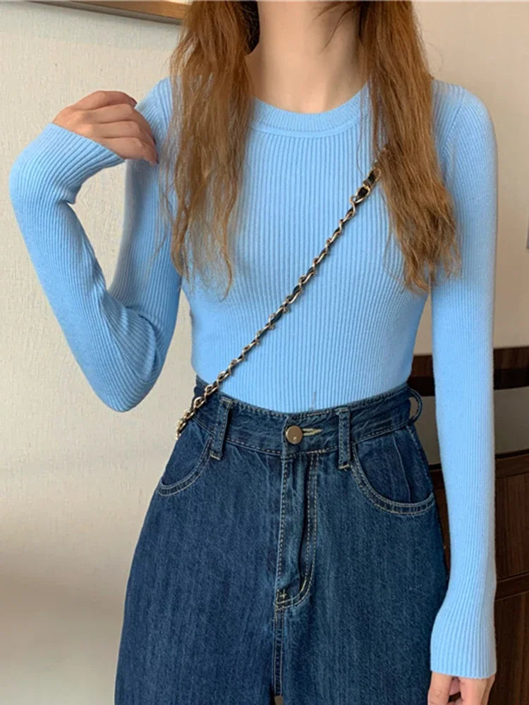 2025 New Women Sweater Long Sleeve Pullover Basic Top Fashion O-neck Elastic Female Winter Solid Knitted Jumper