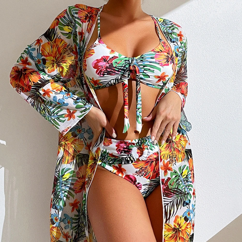 Sexy High Waisted Bikini 3 Pieces Floral Printed Swimsuit Size 3XL-S Women Bikini Set With Mesh Long-Sleeved Blouse Super Sales