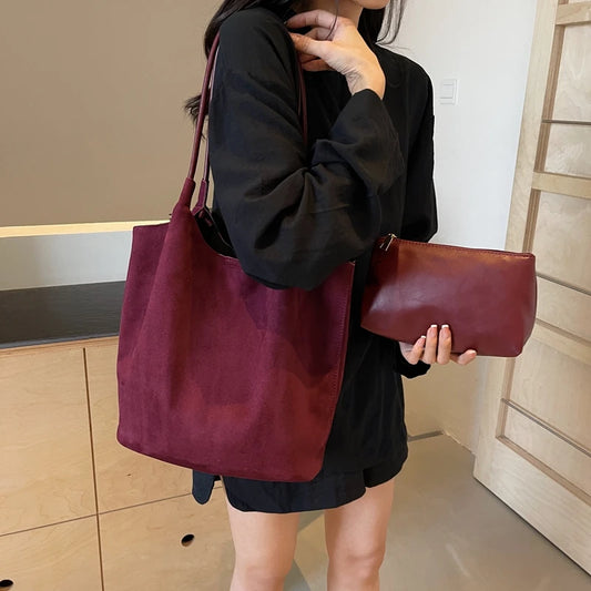 Tote Bag Faux Suede Slouchy Shoulder Bag for Women Solid Handbag Retro Handbag Woman Fashion Commuter Shopping Bag