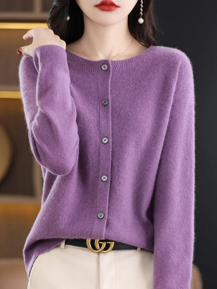 New Fashion 100% Merino Wool Women's O-neck Cardigan Cashmere Sweater 2025 Female Clothing Grace Knitwear Korean Tops