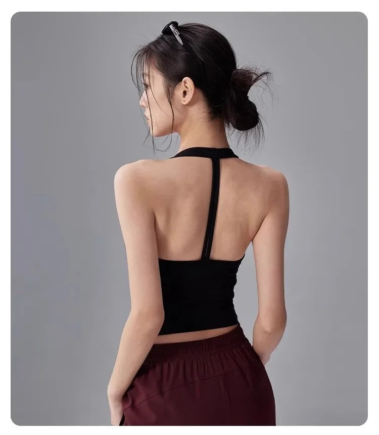 Women's Breathable Seamless Sports Bra Anti-Sweat Hanging Neck Push Up Bra Sport Vest Yoga Fitness Crop Top for Gym Workout Top