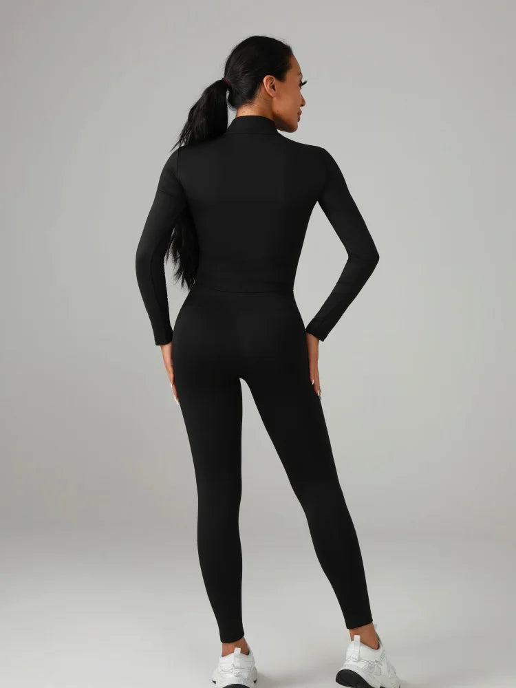 Black and white fitted women's solid-color set, perfect for fashion-conscious ladies and everyday fitness activities.
