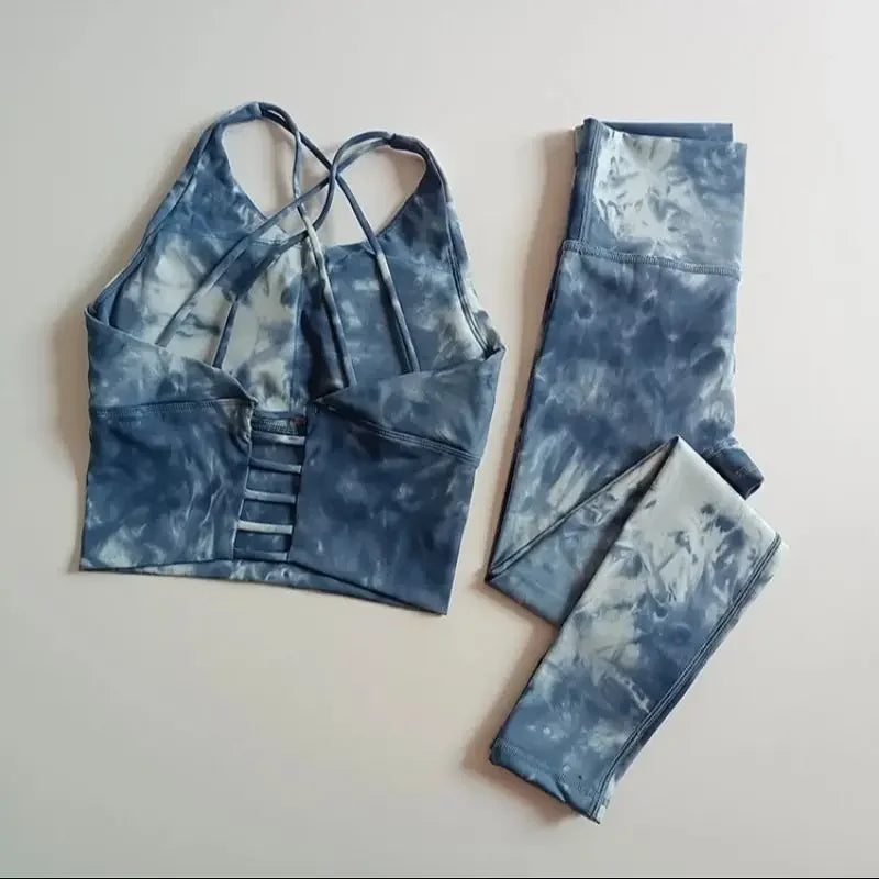 Women's High-Waist Hip-Lifting Seamless Yoga Sets Tie-Dye Sports Fitness Workout Gym Leggings with Beauty Back Bra Suits