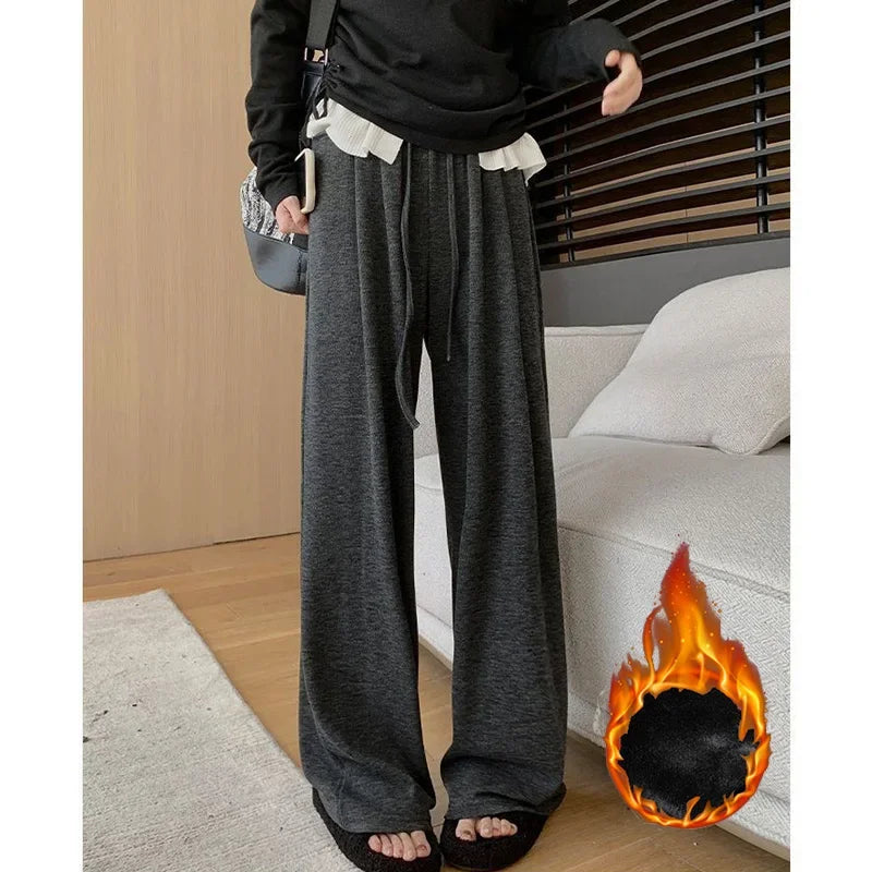 Winter Female Snow Warm Wide Leg Pants Girls Korean Plush High Waist Trousers Women Fleece Thermal Casual Daily Pants