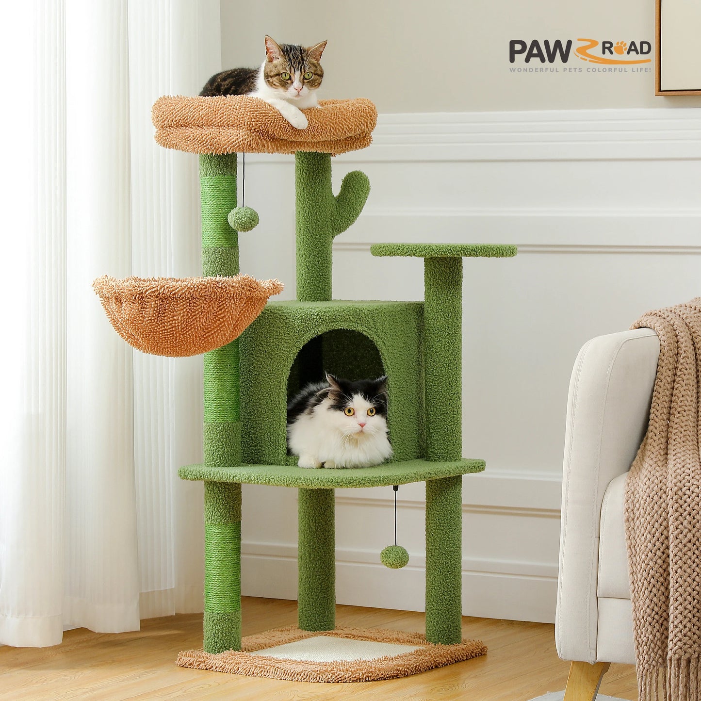 Cactus Cat Tree for Indoor, Cat Tower with Large Cat Condo, Sisal Scratching Posts& Pad, Cozy Hammock, Top Perch, Cat Furniture