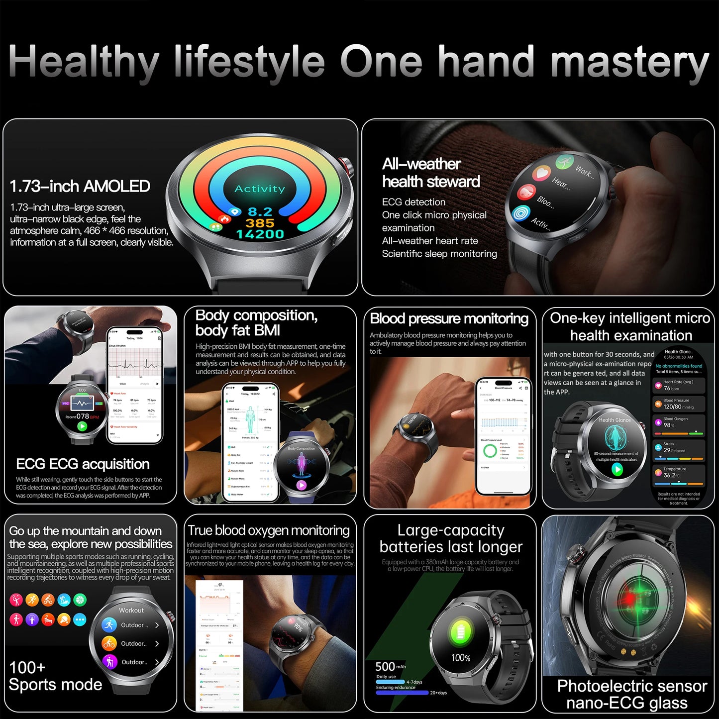 NEW Sapphire Glass AMOLED Blood Pressure Smart Watches ECG Blood Oxygen Blood Pressure Sport Health Track Clock Smart watche NFC